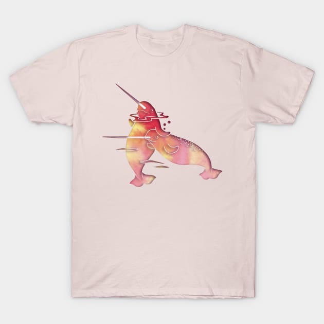 Peach Sea Narwhals T-Shirt by ferinefire